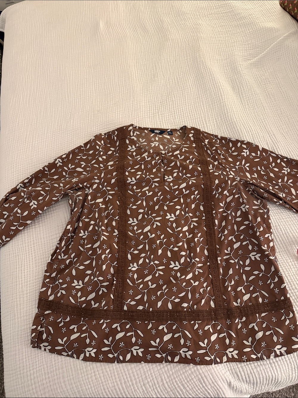 Lands' End Brown Floral Lace-Trim Tunic